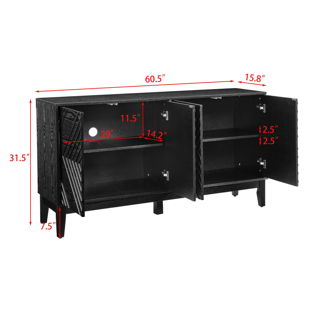 60.5'' Buffet Cabinet with Storage, Farmhouse Fluted Sideboard with Geometric Pattern & Adjustable Shelves, Mid Century Modern TV Stand for Living Room Kitchen Dining Room Entryway, Black