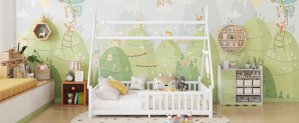 Full House Bed with Light, Low Floor House Bed with Fence and Roof for Kids Boys Girls,White(Expect arrive date 2025/7/20)