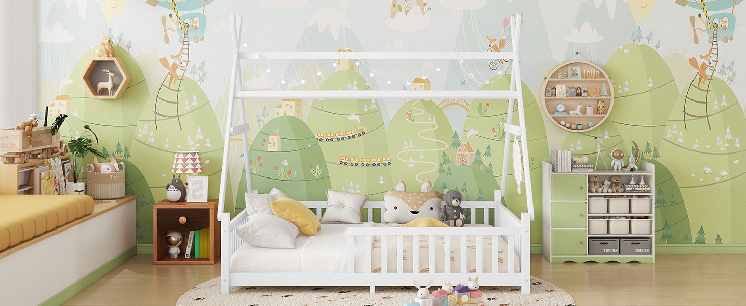 Full House Bed with Light, Low Floor House Bed with Fence and Roof for Kids Boys Girls,White(Expect arrive date 2025/7/20)