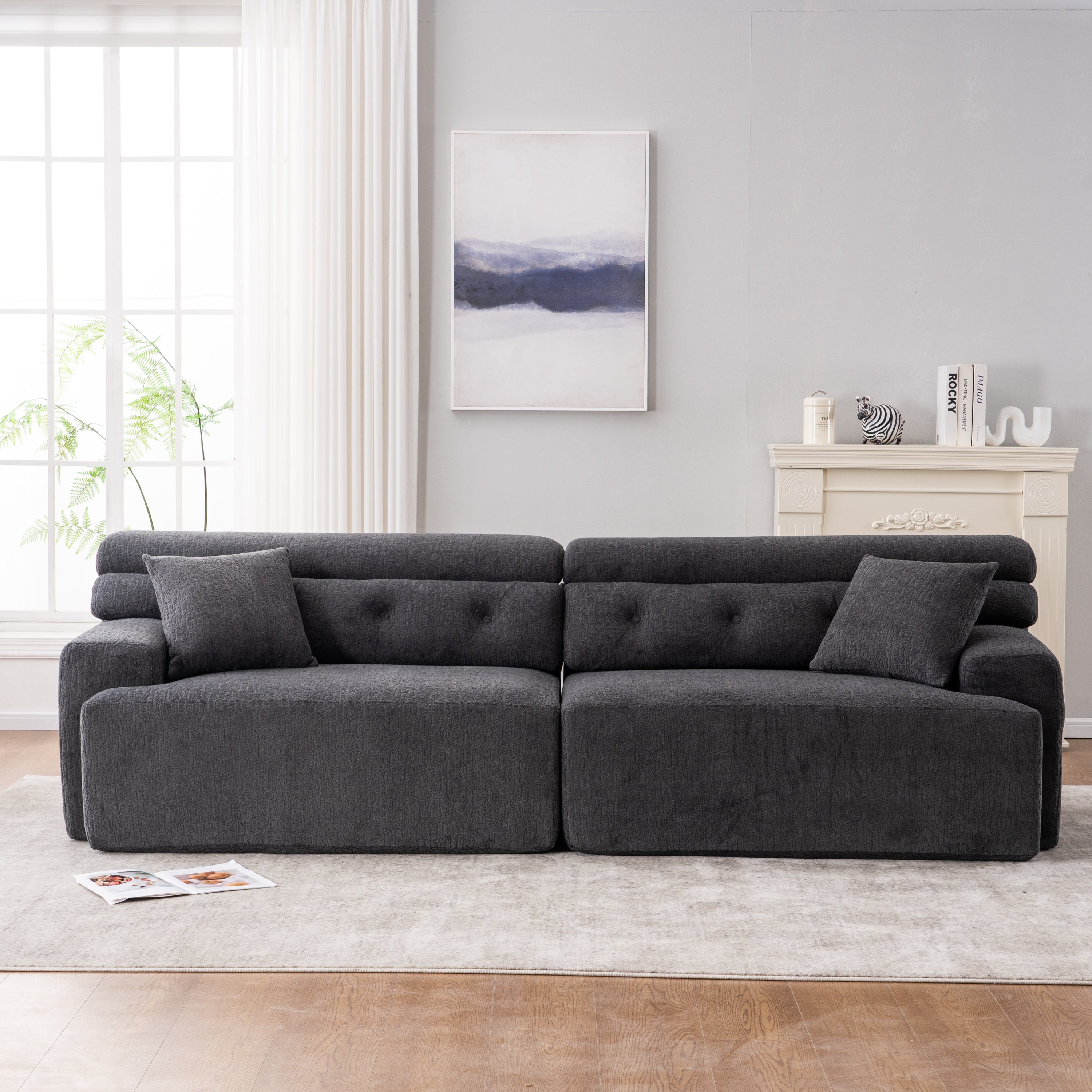 LY-029 GRAY COMPRESSION SOFA: 4-seater combined sofa, Wood Grain Chenille fabric, full sponge compression sofa,combined sofa with 2 pillows  for living/ Home Furniture/ Apartment