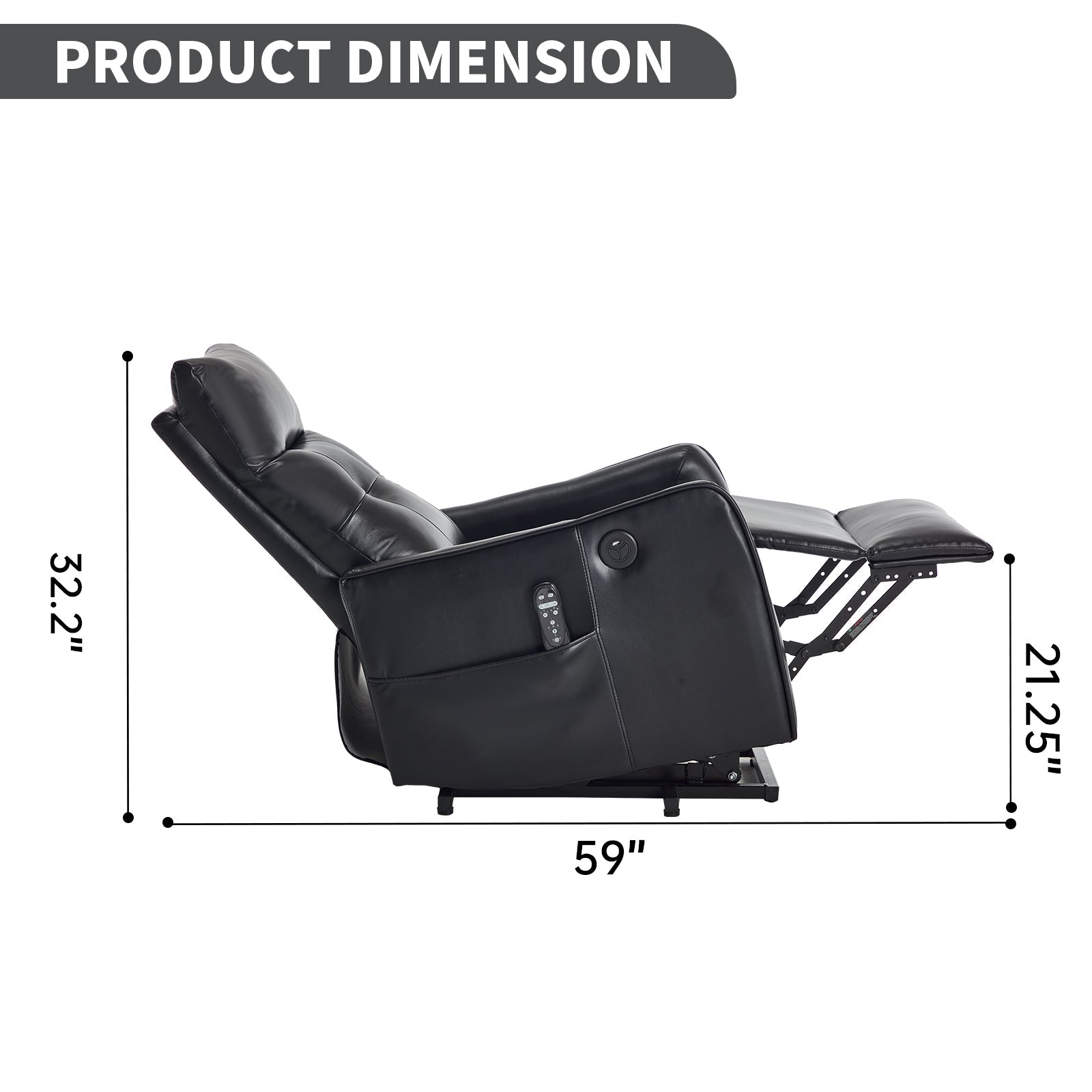 Black PU Single Motor Power Lift Recliner Chair with Massage and Heat for Elderly, Heavy Duty Motion Mechanism and One USB for Charging, Max Reclining Angle 155°