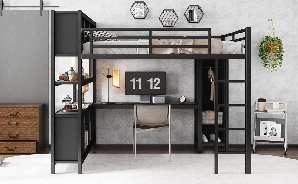 Metal Loft Bed with Wardrobe And L-shaped Desk, Queen Size Loft Bed with Storage Cubes and Shelves, Heavy Duty Loft Bed for Kids Teens Adults, Black