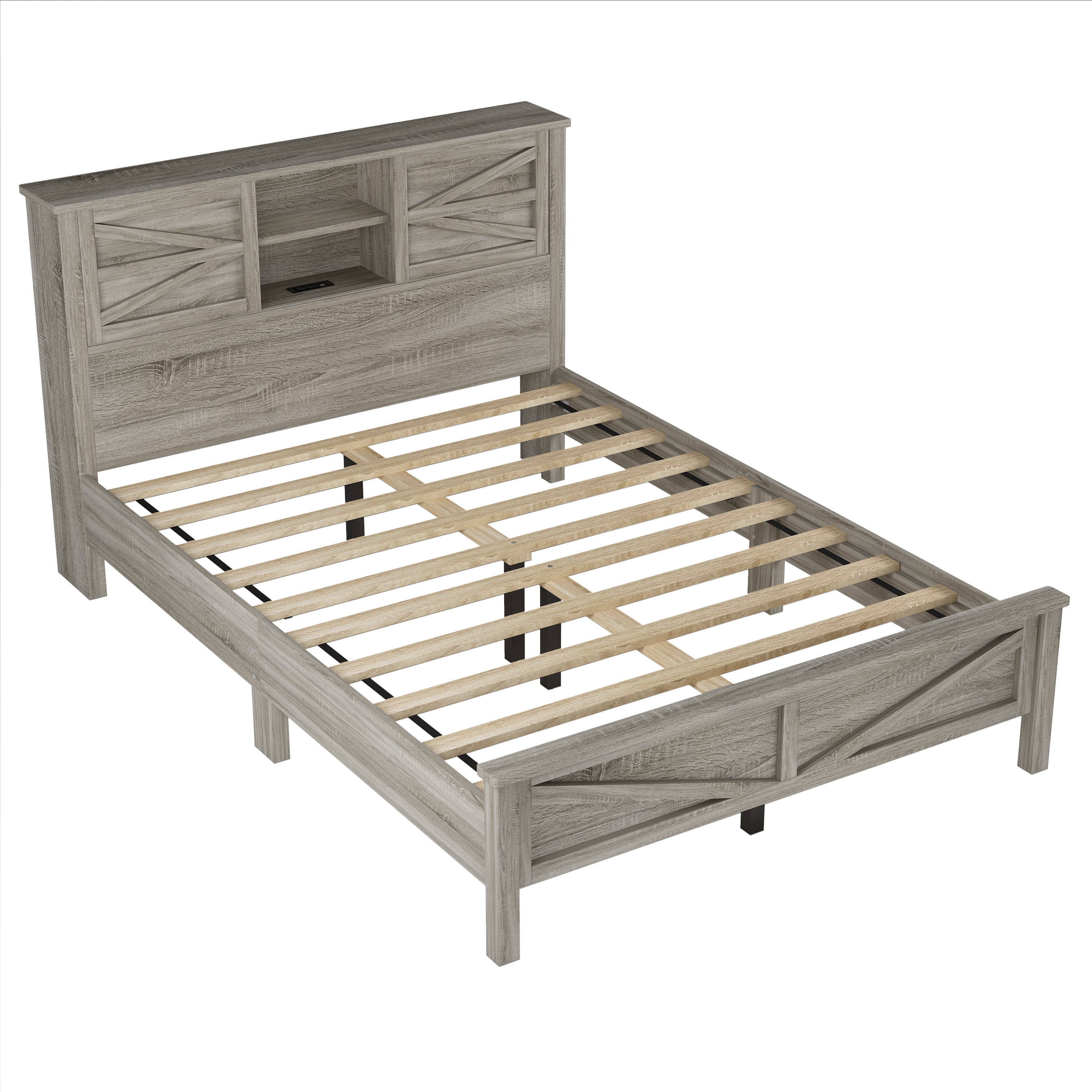 3-Pieces Bedroom Sets Queen Size Farmhouse Platform Bed with Double Sliding Door Storage Headboard and Charging Station, Storage Nightstand and Dresser, Antique Gray(Old SKU HL000092AAG)