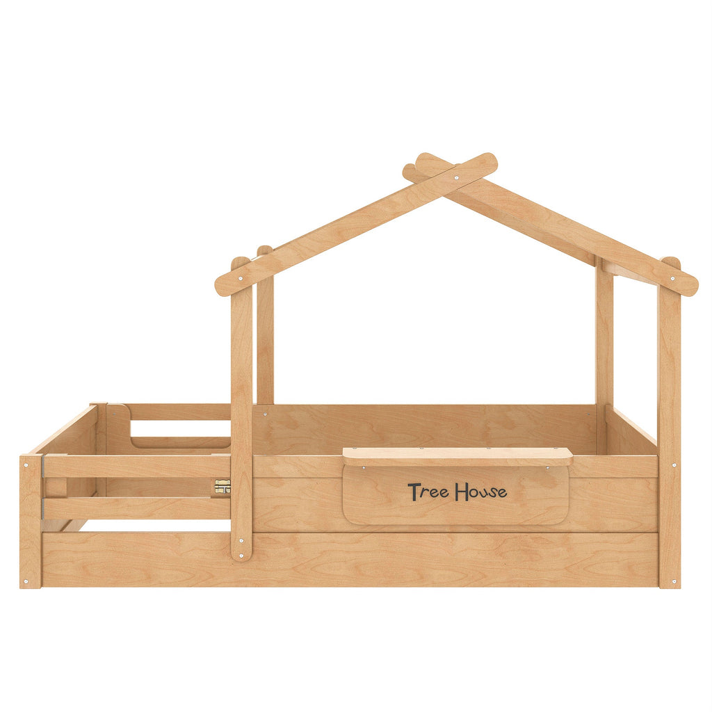 Twin Size Floor Bed with Guardrails and Roof, Kids House Floor Bed with a Small Built-in Tray and Free-installed Signboard, Childlike Design, Natural