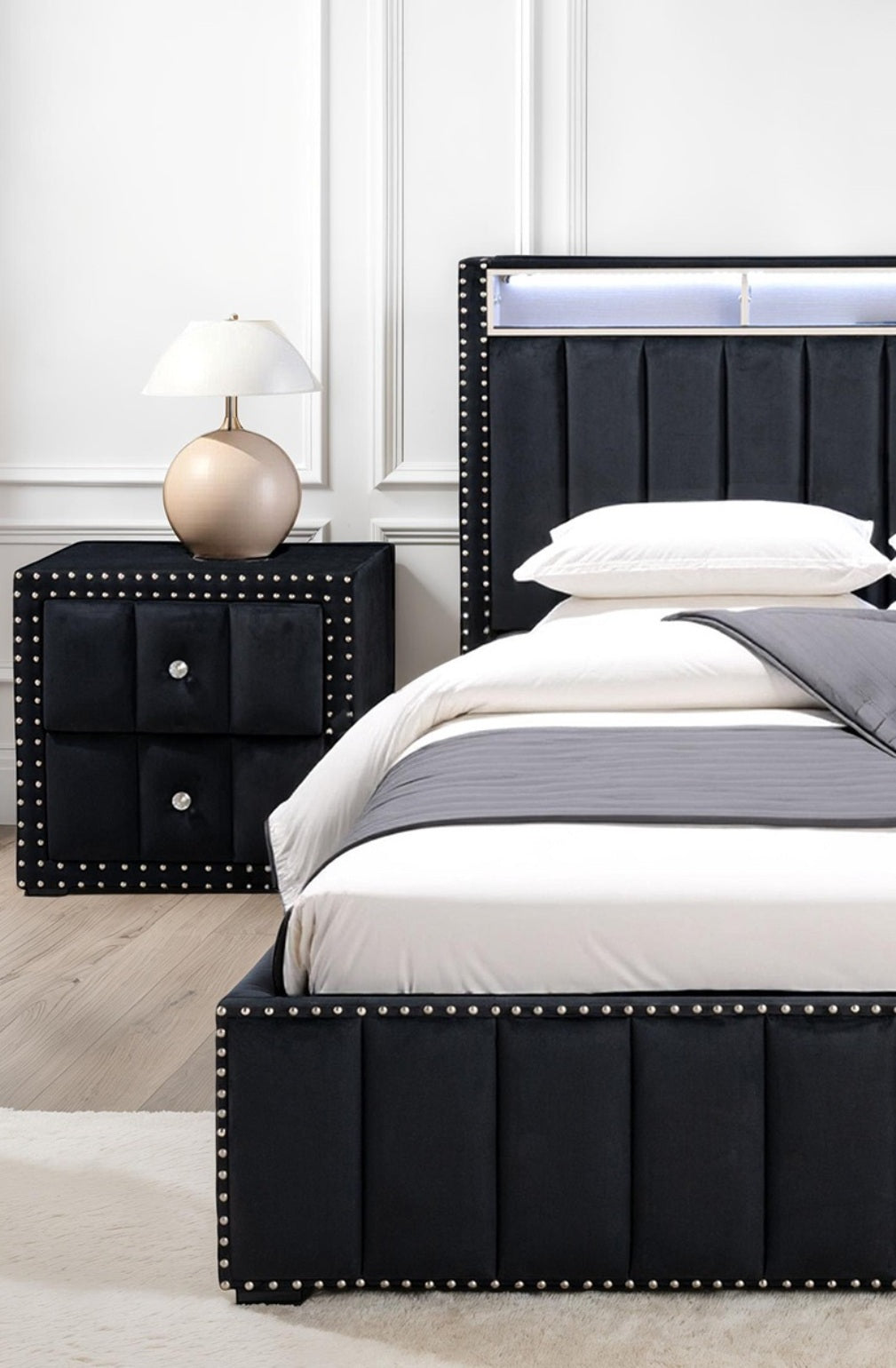 Full Size Bed And 2x Nightstands Bedroom Furniture Luxury Look Black Fabric Upholstered Bedframe w LED Nailhead Trim 3pc Bedroom Set