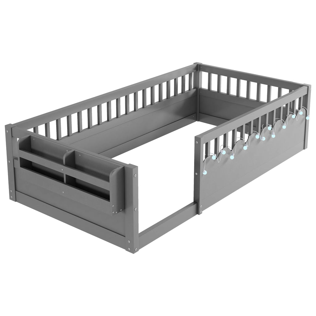 Twin Montessori Floor Bed Frame with High Rails, Wood Kids Floor Beds with Light and Storage Shelf, Gray (Expect Arrival Date 2025/8/15)