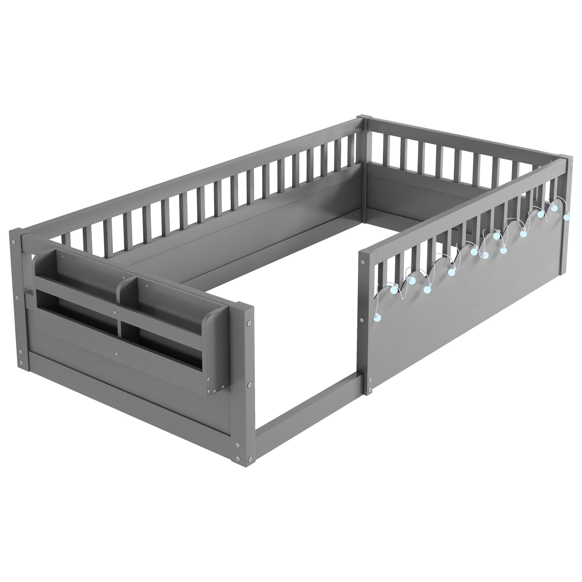 Twin Montessori Floor Bed Frame with High Rails, Wood Kids Floor Beds with Light and Storage Shelf, Gray (Expect Arrival Date 2025/8/15)