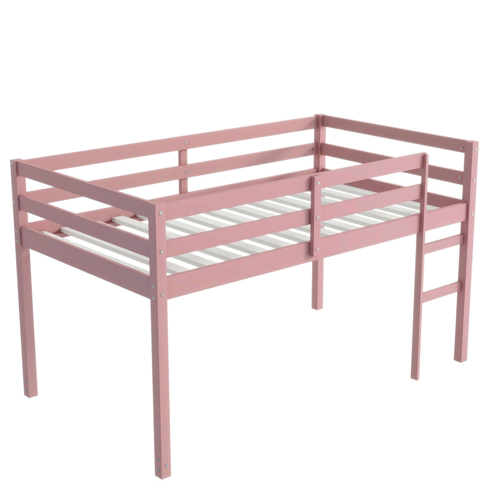Solid Wooden, Rubber Wooden Twin Loft Bed with Ladder, Bed Platform of Strengthened Slats, Pink