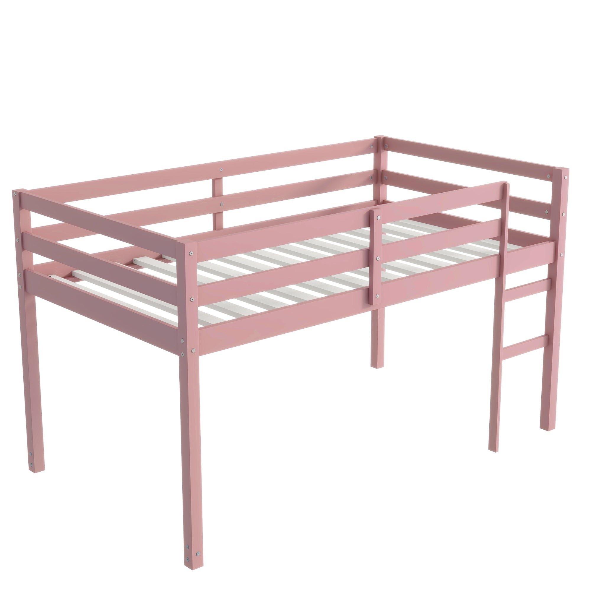 Solid Wooden, Rubber Wooden Twin Loft Bed with Ladder, Bed Platform of Strengthened Slats, Pink