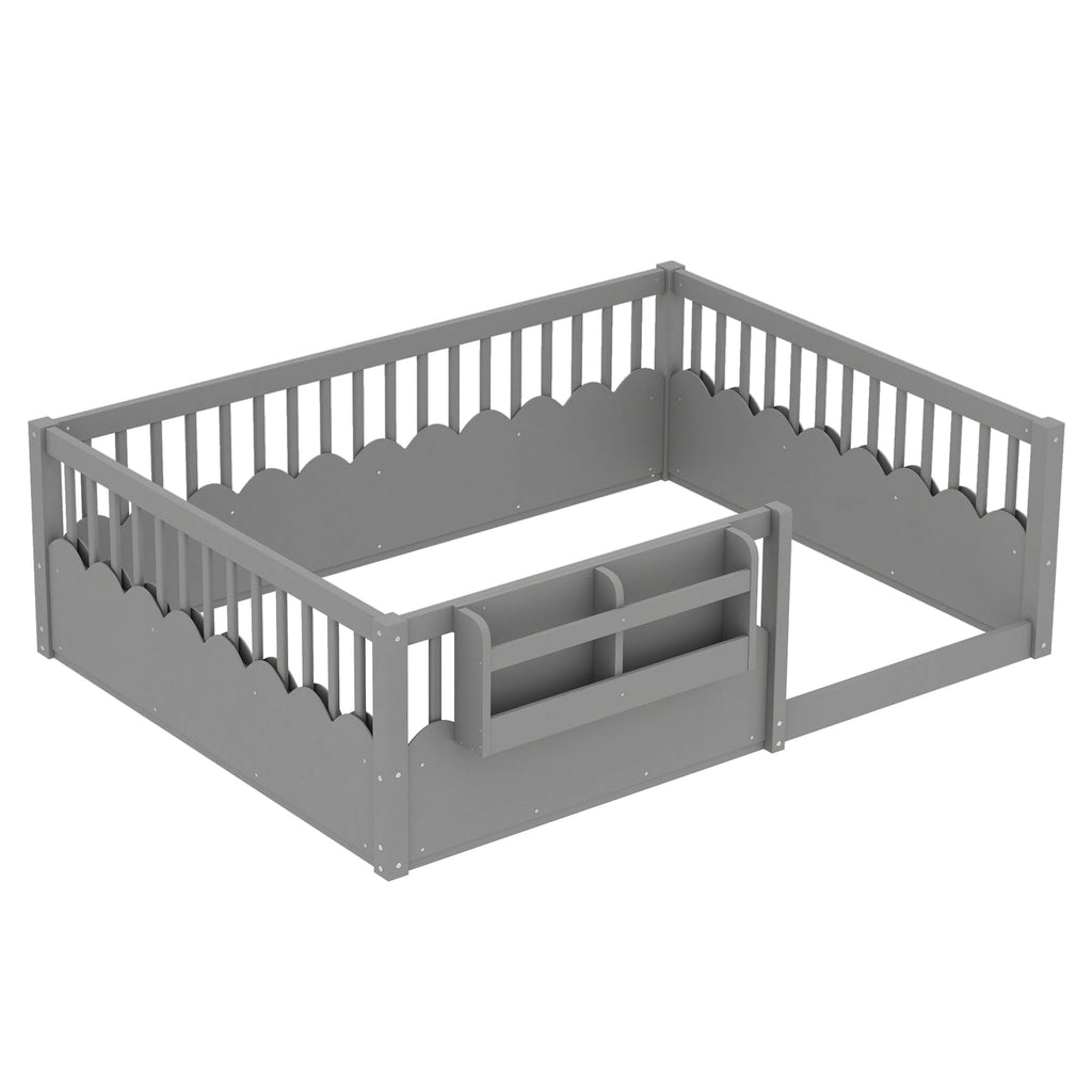 Full Floor bed with Heightened Fence and bookshelf ,Wood Floor Bed for Kids,Gray.