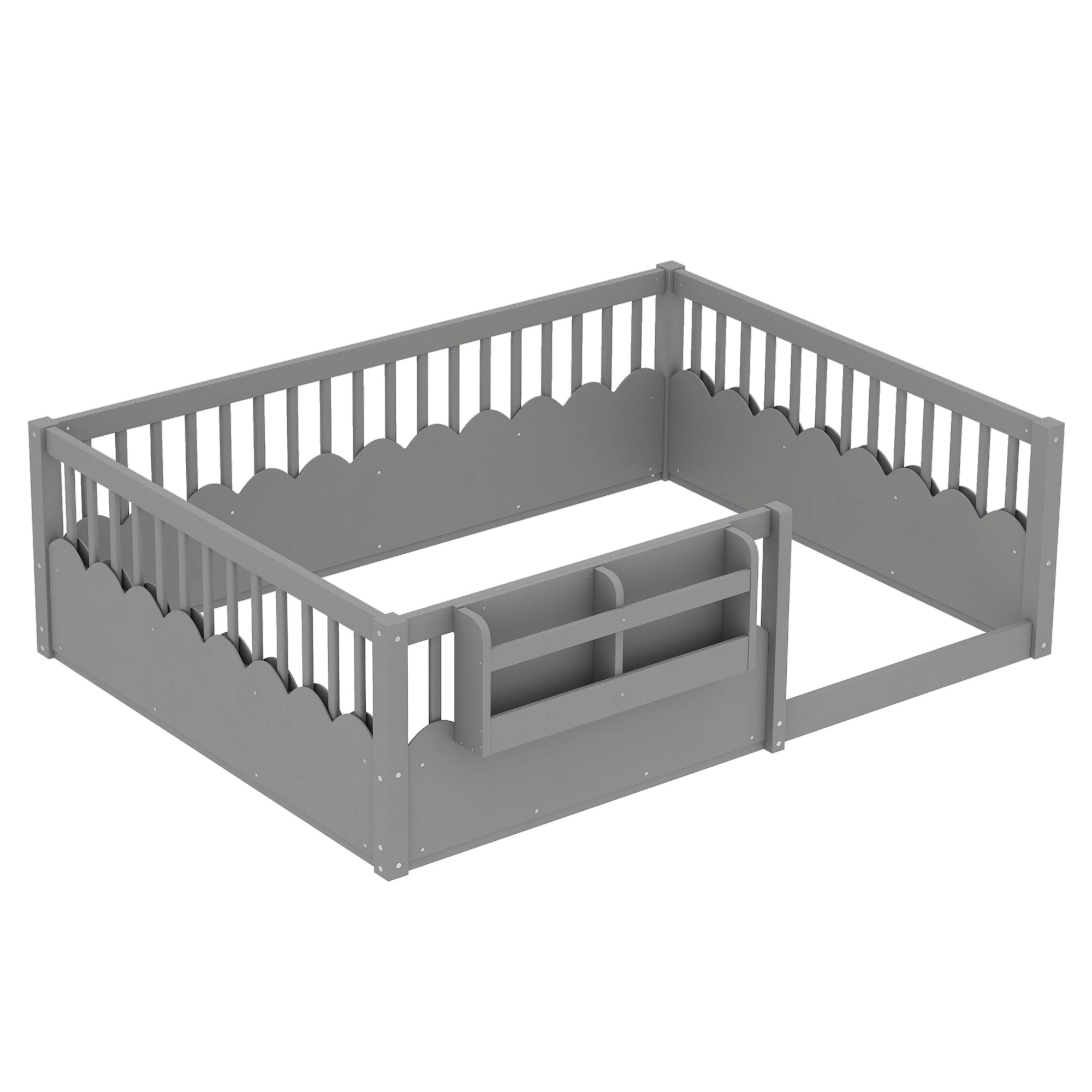 Full Floor bed with Heightened Fence and bookshelf ,Wood Floor Bed for Kids,Gray.