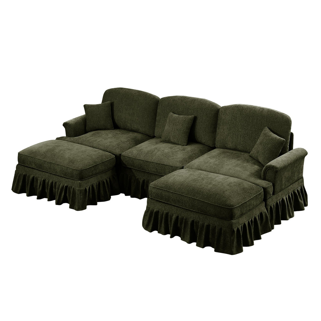 Classic Comfy Modular U Shape Sectional Sofa Couch with Flared Arms and Removable Ruffles Pleats Skirts and Spindle Legs, Upholstered Chenille Deep Seat Cloud Sofa with Movable Ottomans,Green
