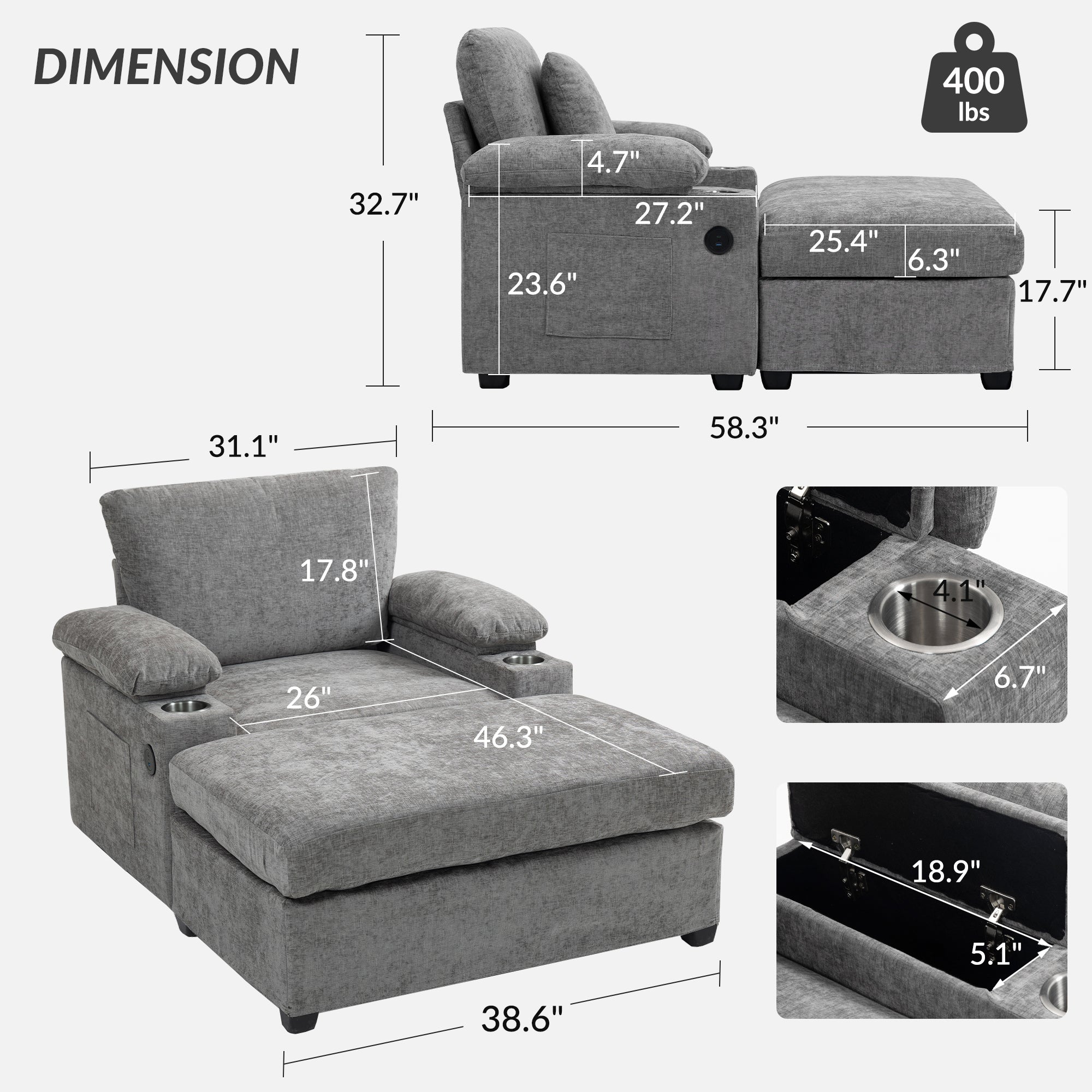 Modern Oversized Chair with Ottoman,Chenille Fabric Sofa Bed,Accent Chair Comfy Sofa with Cupholders and USB Charging Ports Chair for Living Room,Bedroom,Apartment