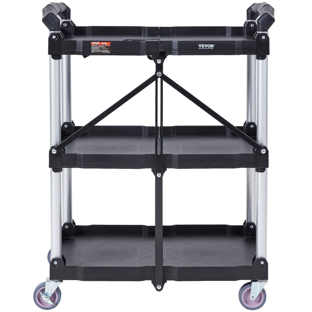 Foldable Utility Service Cart, 3 Shelf 165LBS Heavy Duty Plastic Rolling Cart with Lockable Wheels, Ergonomic Handle, Portable Garage Tool Cart for Warehouse/Office/Home(25.62'x15.43'x32.76')