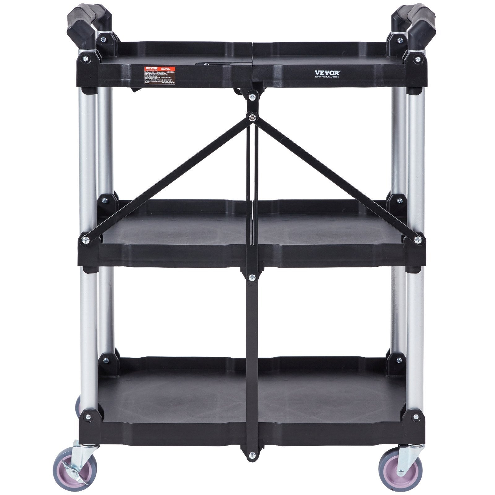 Foldable Utility Service Cart, 3 Shelf 165LBS Heavy Duty Plastic Rolling Cart with Lockable Wheels, Ergonomic Handle, Portable Garage Tool Cart for Warehouse/Office/Home(25.62'x15.43'x32.76')