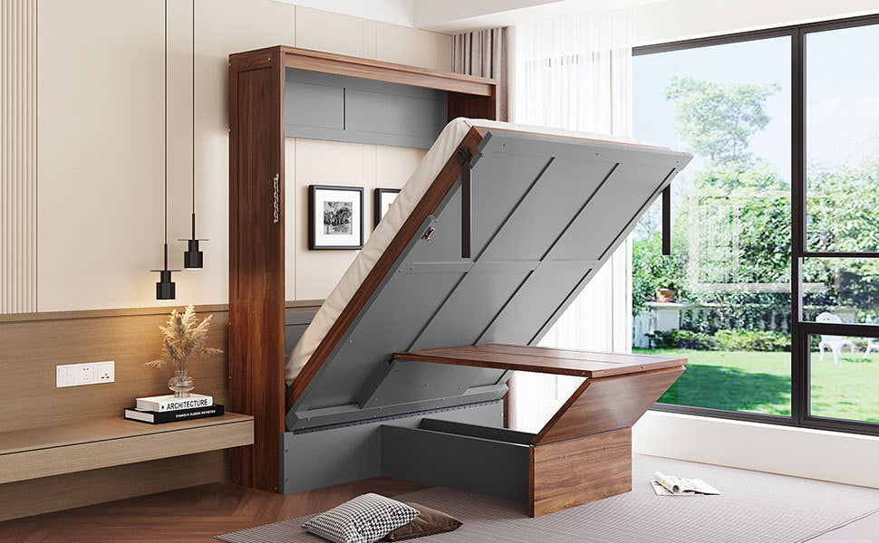 Full Size Murphy Bed with Foldable Desk – Space Saving Wall Bed - Walnut & Gray