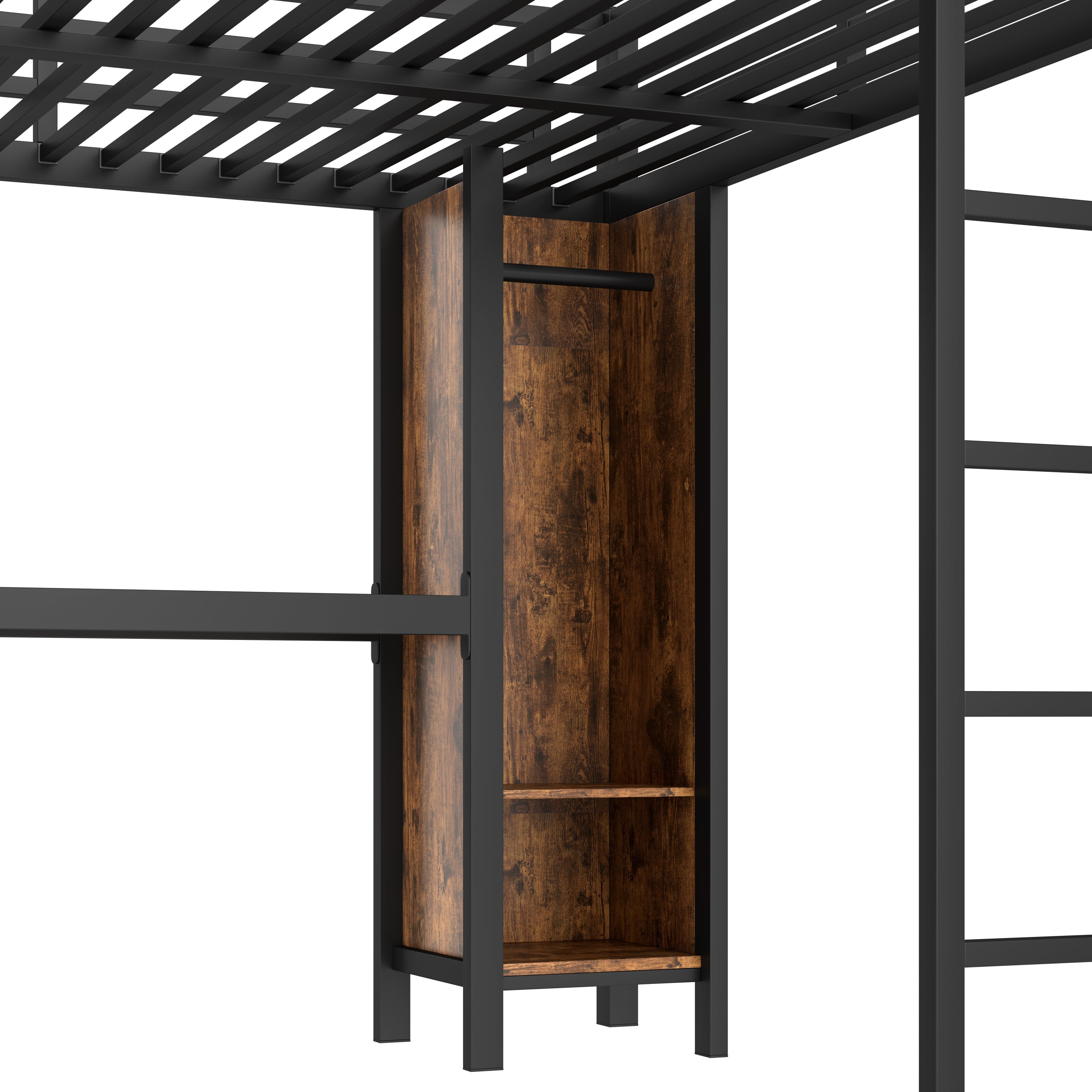 Metal Loft Bed with Wardrobe And L-shaped Desk, Queen Size Loft Bed with Storage Cubes and Shelves, Heavy Duty Loft Bed for Kids Teens Adults, Black Woodgrain