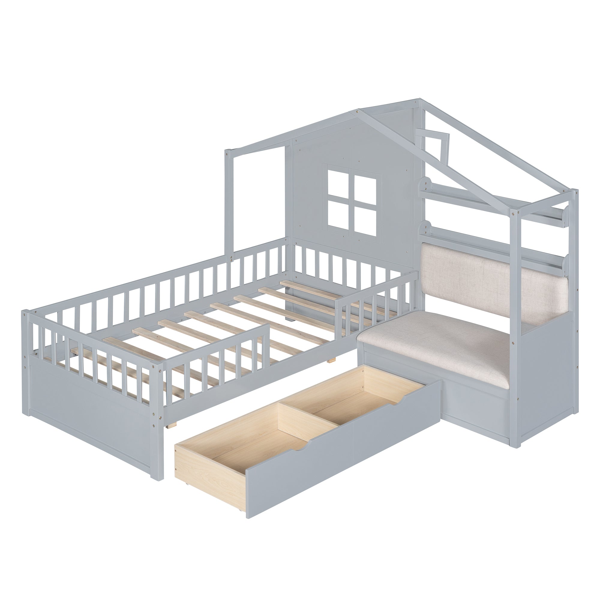 Twin Size House Bed with Sofa, Kids Platform Bed with Two Drawers and Storage Shelf, Gray (Old SKU:HL000065AAE)