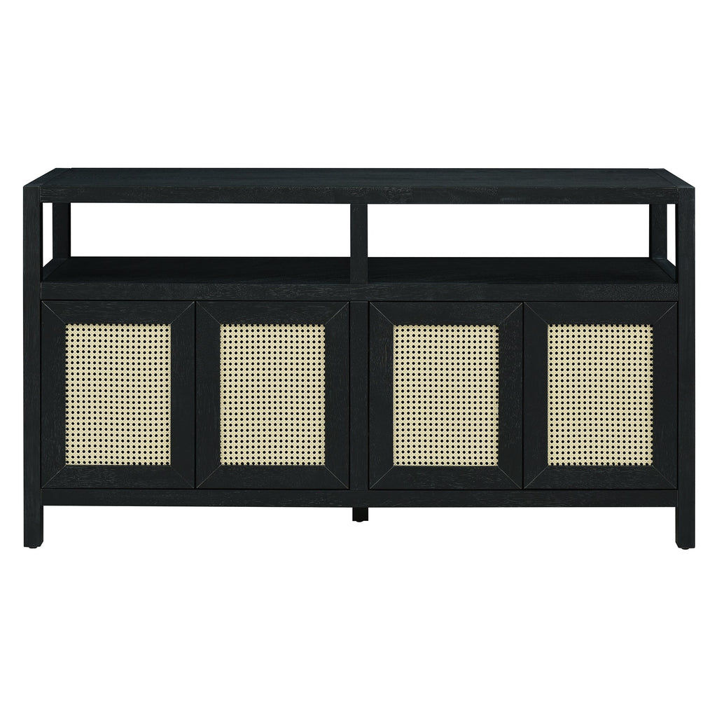 TREXM Bohemian Style Rattan Buffet Storage Cabinet with Solid Wood Frame, Sideboard with 3-position Adjustable Shelves for Living & Dining Rooms, No-Handle Push-to-Open Design (Black)