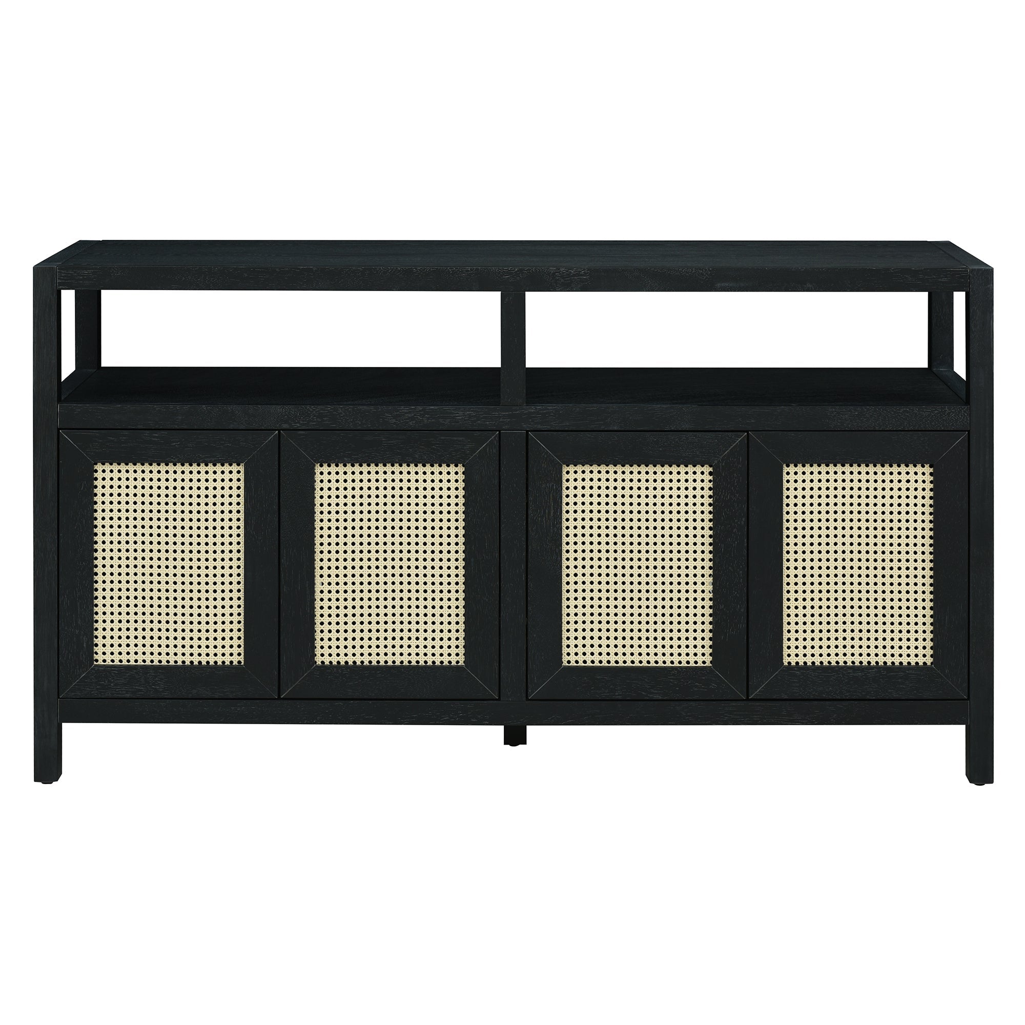 TREXM Bohemian Style Rattan Buffet Storage Cabinet with Solid Wood Frame, Sideboard with 3-position Adjustable Shelves for Living & Dining Rooms, No-Handle Push-to-Open Design (Black)
