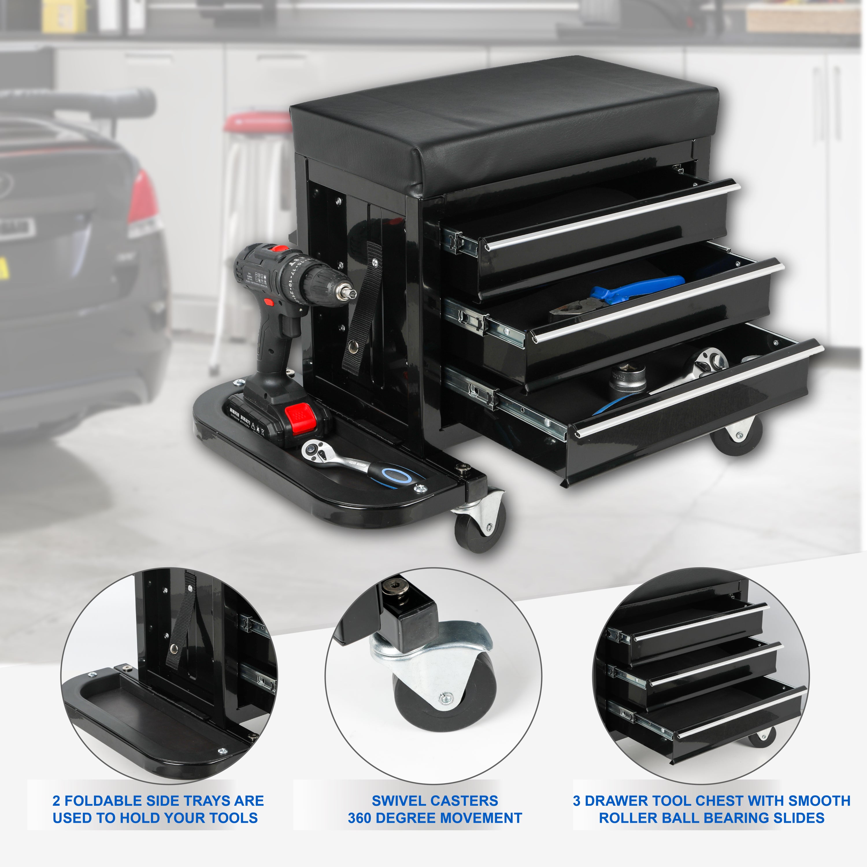 3-Drawer Tool Chest Rolling Mechanic Seat with Tool Trays,350lbs Max Weight Capacity,Black