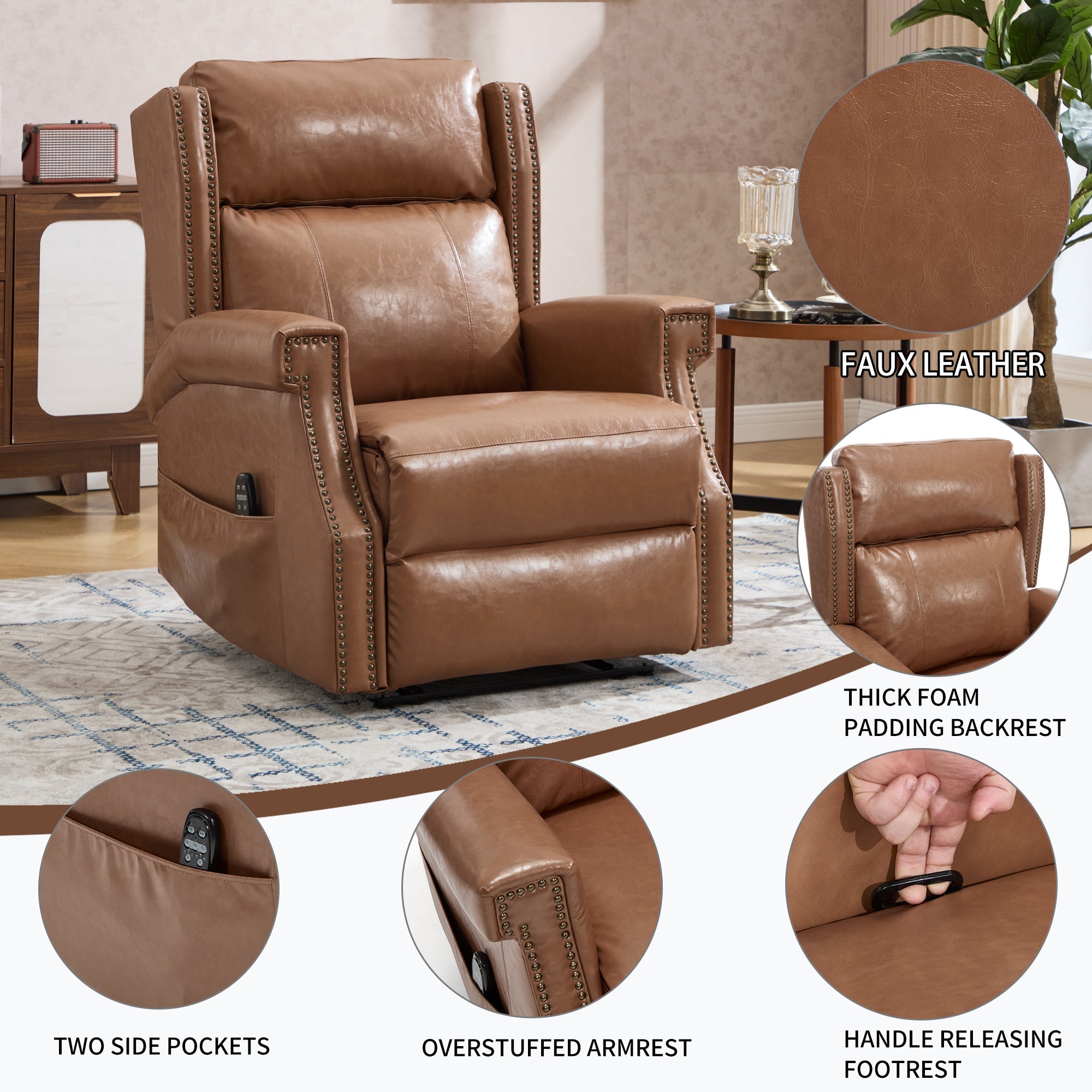 Camel Manual Recliner Chair in Faux Leather for Living Room with Heavy Duty Motion Mechanism, 8 vibrating nodes and 3 massage modes.