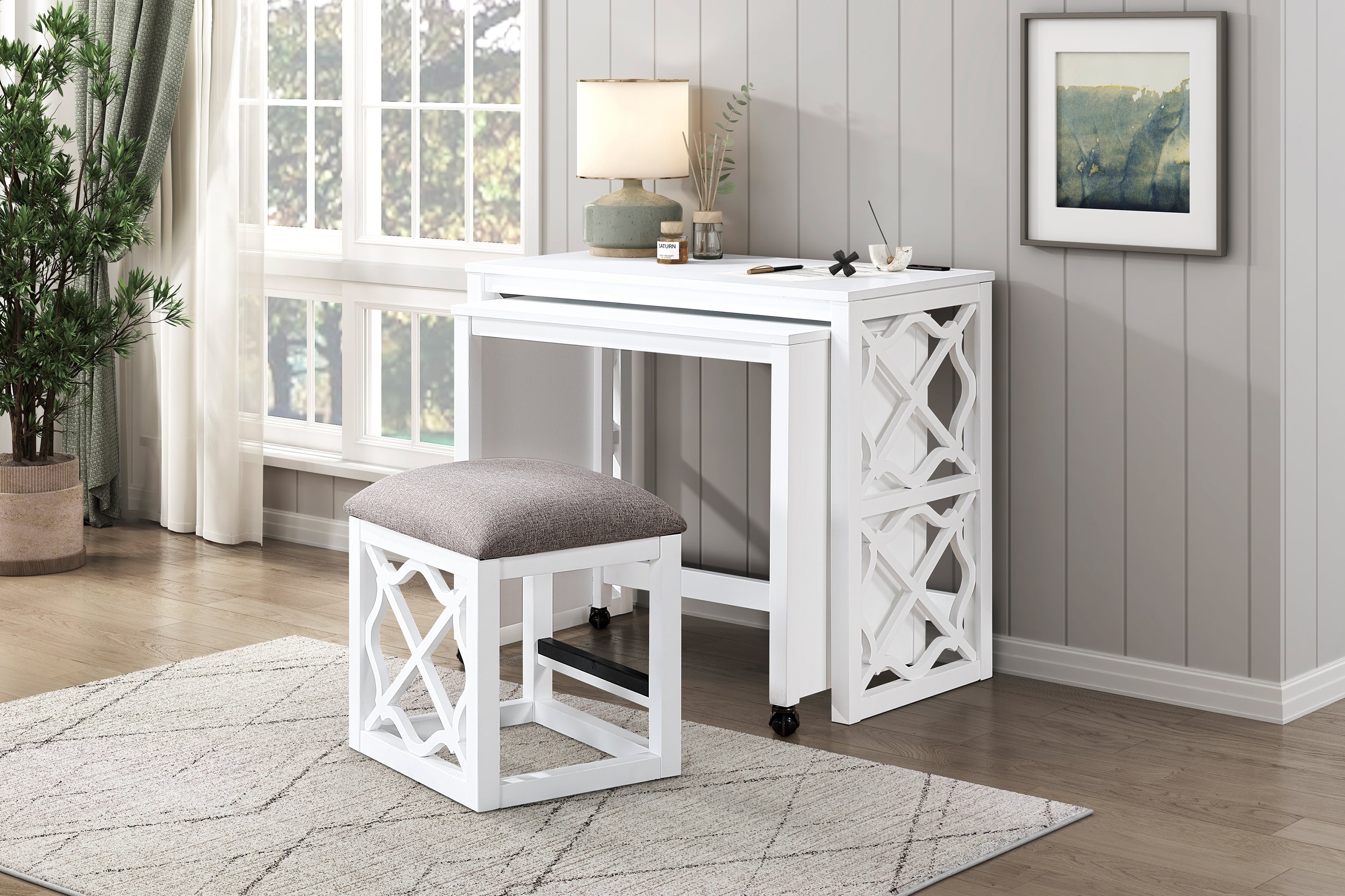 Desks and Stool Set 3pc White Finish Rolling Desk with Casters, 2 Charging ports Home Office Furniture