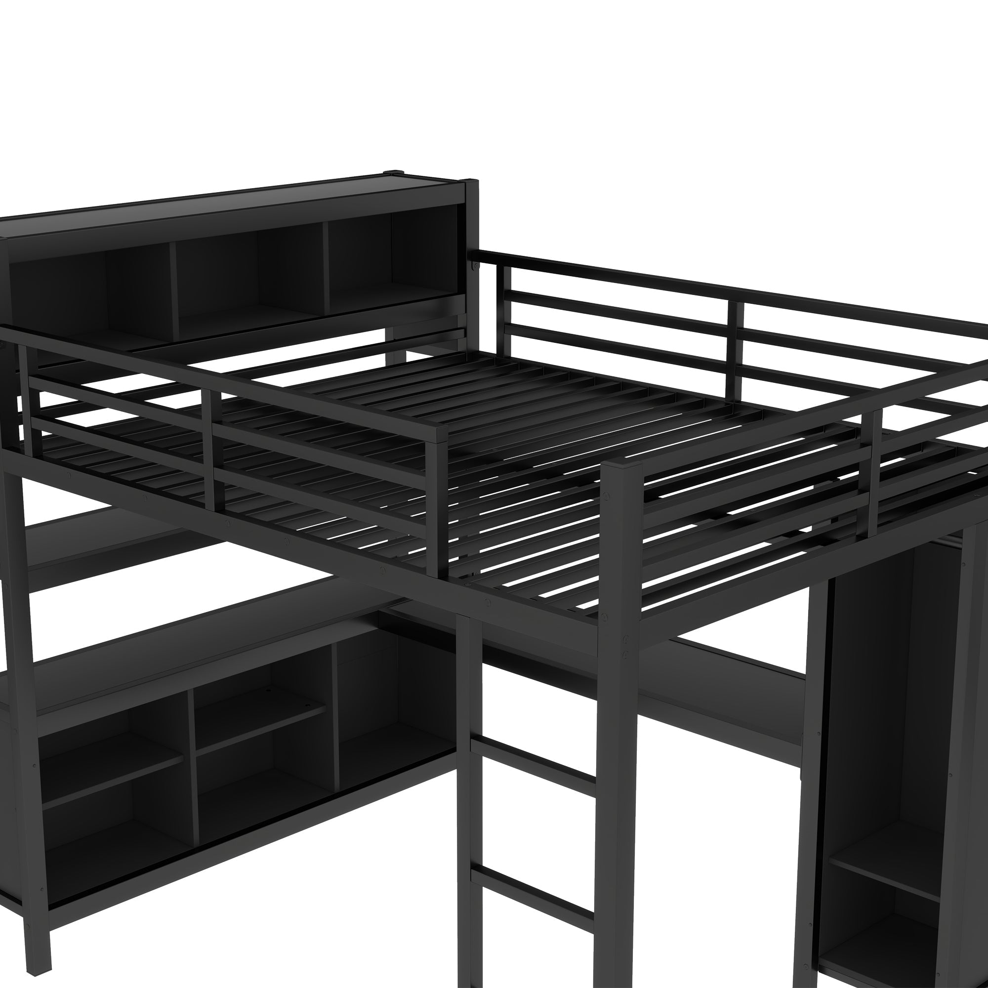 Metal Loft Bed with Wardrobe And L-shaped Desk, Queen Size Loft Bed with Storage Cubes and Shelves, Heavy Duty Loft Bed for Kids Teens Adults, Black
