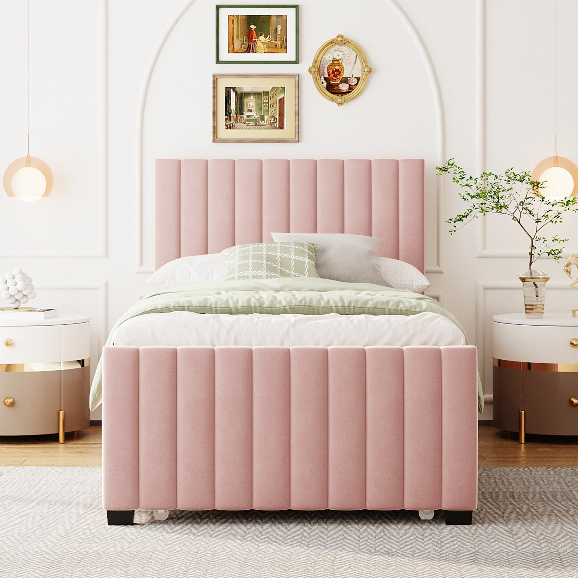 Twin Size Velvet Upholstered Platform Bed with Twin Size Trundle, Pink