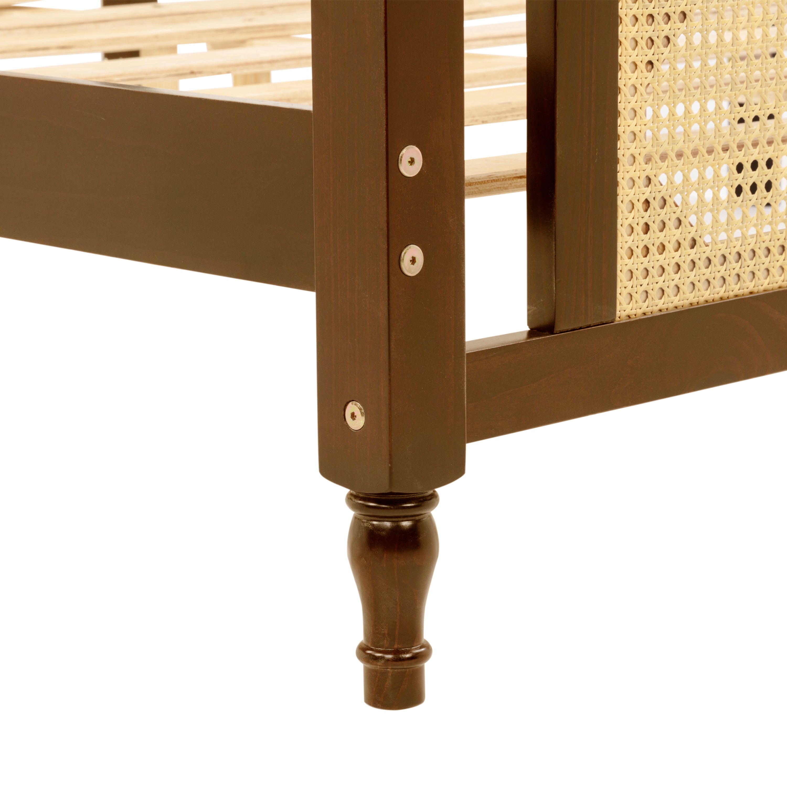 Queen Pine wooden Bed with Rattan Headboard  and Footboard, with  Central Enhanced Bed Platform,Walnut