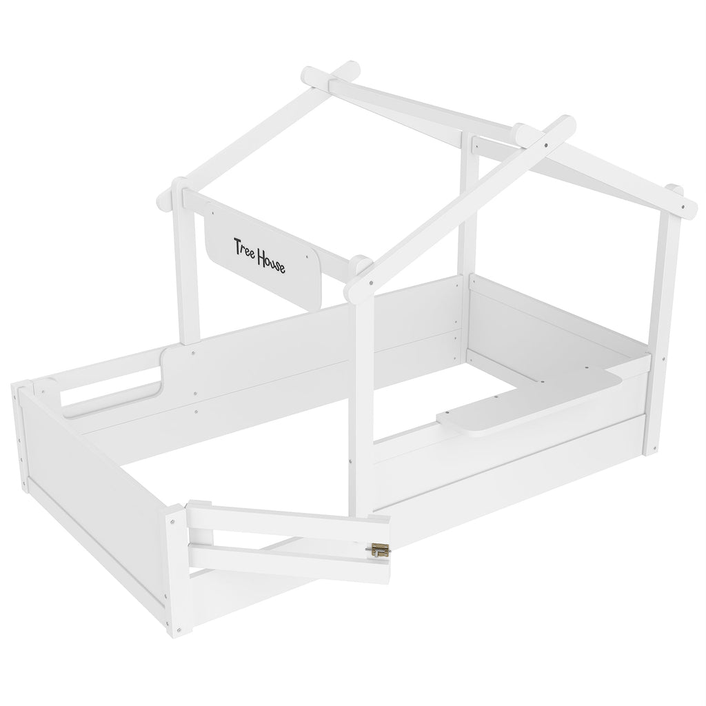 Twin Size Floor Bed with Guardrails and Roof, Kids House Floor Bed with a Small Built-in Tray and Free-installed Signboard, Childlike Design, White