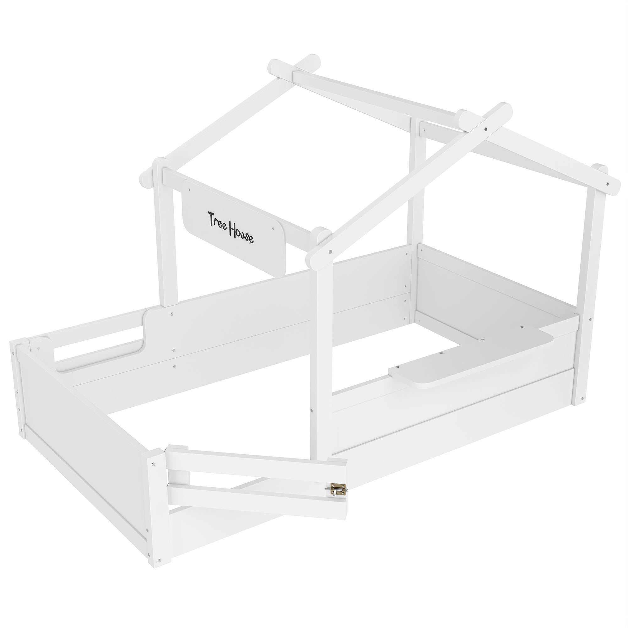 Twin Size Floor Bed with Guardrails and Roof, Kids House Floor Bed with a Small Built-in Tray and Free-installed Signboard, Childlike Design, White