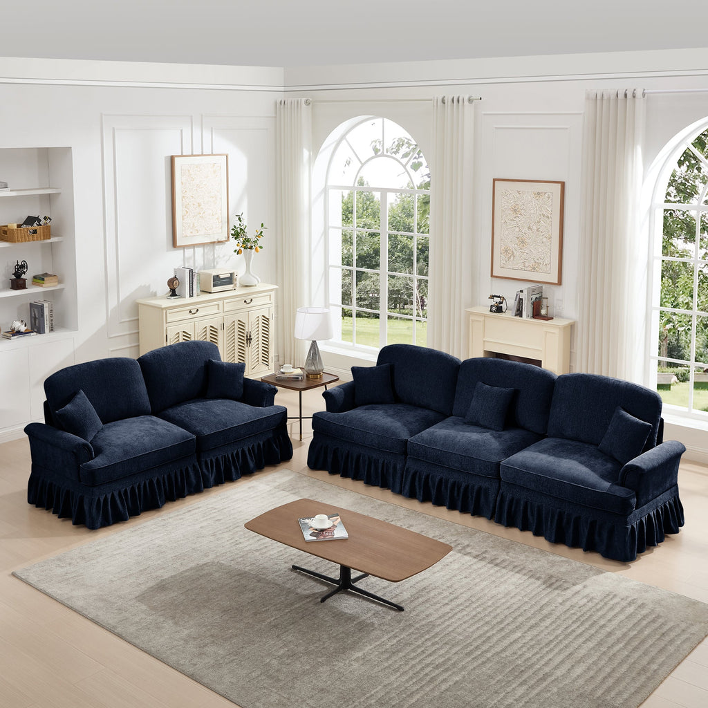 Classic 2 Piece Modular Couch Living Room Sofa Set with Flared Arms and Removable Ruffles Pleats Skirts and Spindle Legs, 3 Seater Sofa + 2-Seat Loveseat Sofa Sets for Living Room, Blue