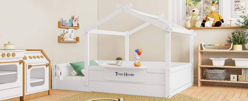 Full Size Floor Bed with Guardrails and Roof, Kids House Floor Bed with a Small Built-in Tray and Free-installed Signboard, Childlike Design, White