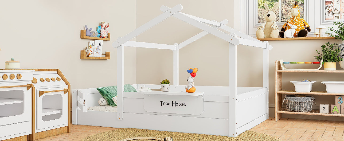 Full Size Floor Bed with Guardrails and Roof, Kids House Floor Bed with a Small Built-in Tray and Free-installed Signboard, Childlike Design, White