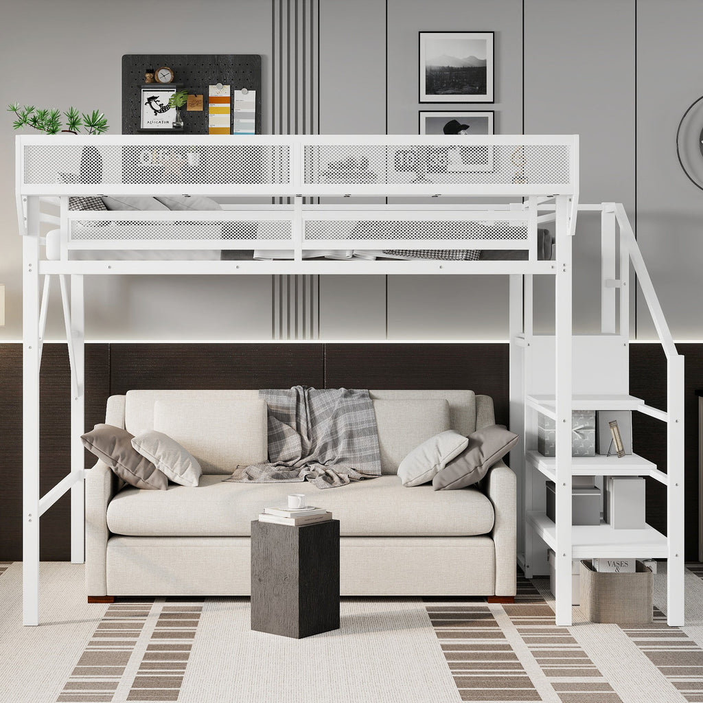 Twin XL Size Loft Bed with Stairs, Metal Full Loft Bed with Storage Shelves, High Loft Bed with Wardrobe for Kids Teens,White(Expect Arrival Date 2025/10/14)