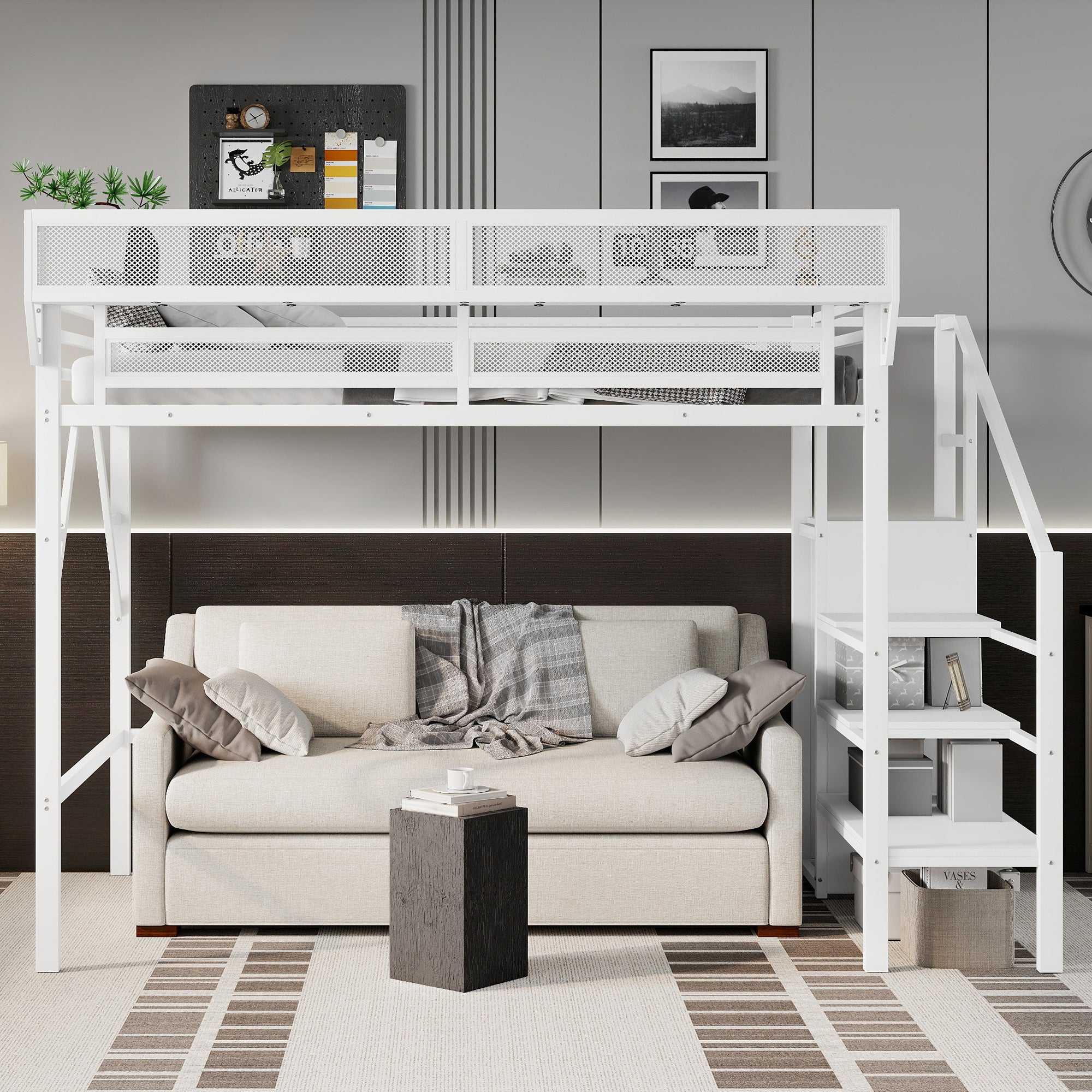 Twin XL Size Loft Bed with Stairs, Metal Full Loft Bed with Storage Shelves, High Loft Bed with Wardrobe for Kids Teens,White(Expect Arrival Date 2025/10/14)