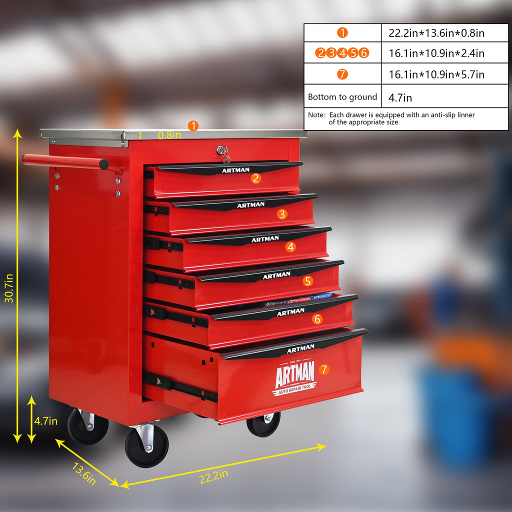 6 Drawers Multifunctional Tool Cart with Wheels,Metal Rolling Tool Cart Storage for Garage Workshop Warehouse Repair Shop--With Stainless Steel Roof- Red&Black