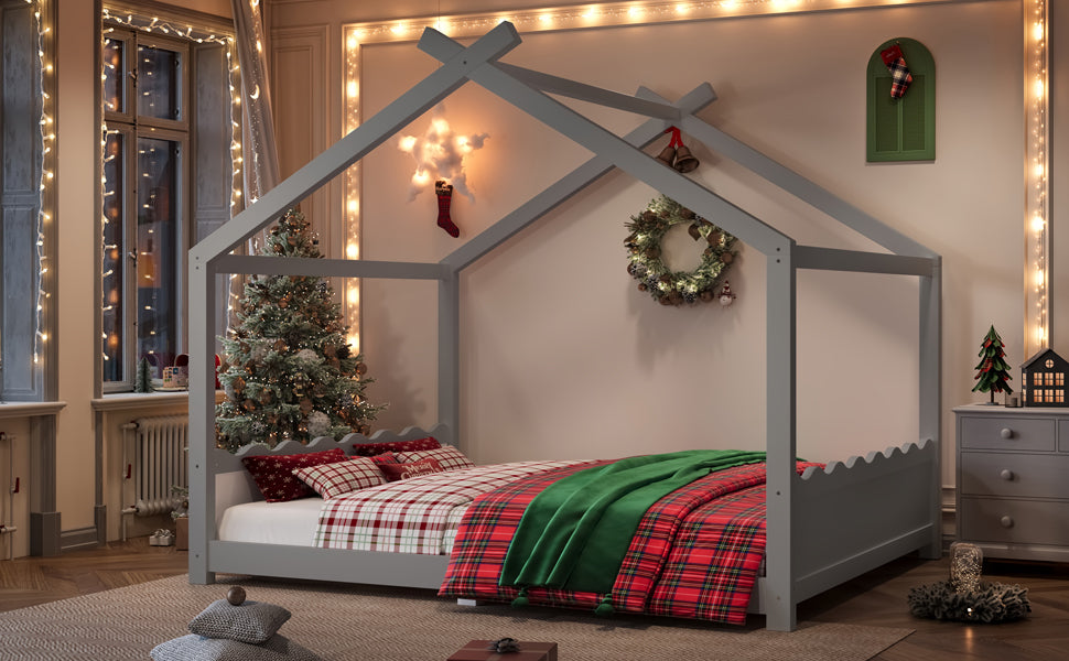 Queen House Floor Bed with Support Slats, Solid Wood House Bed Frame for Kids, No Box Spring Needed and Opening Constructure, Gray