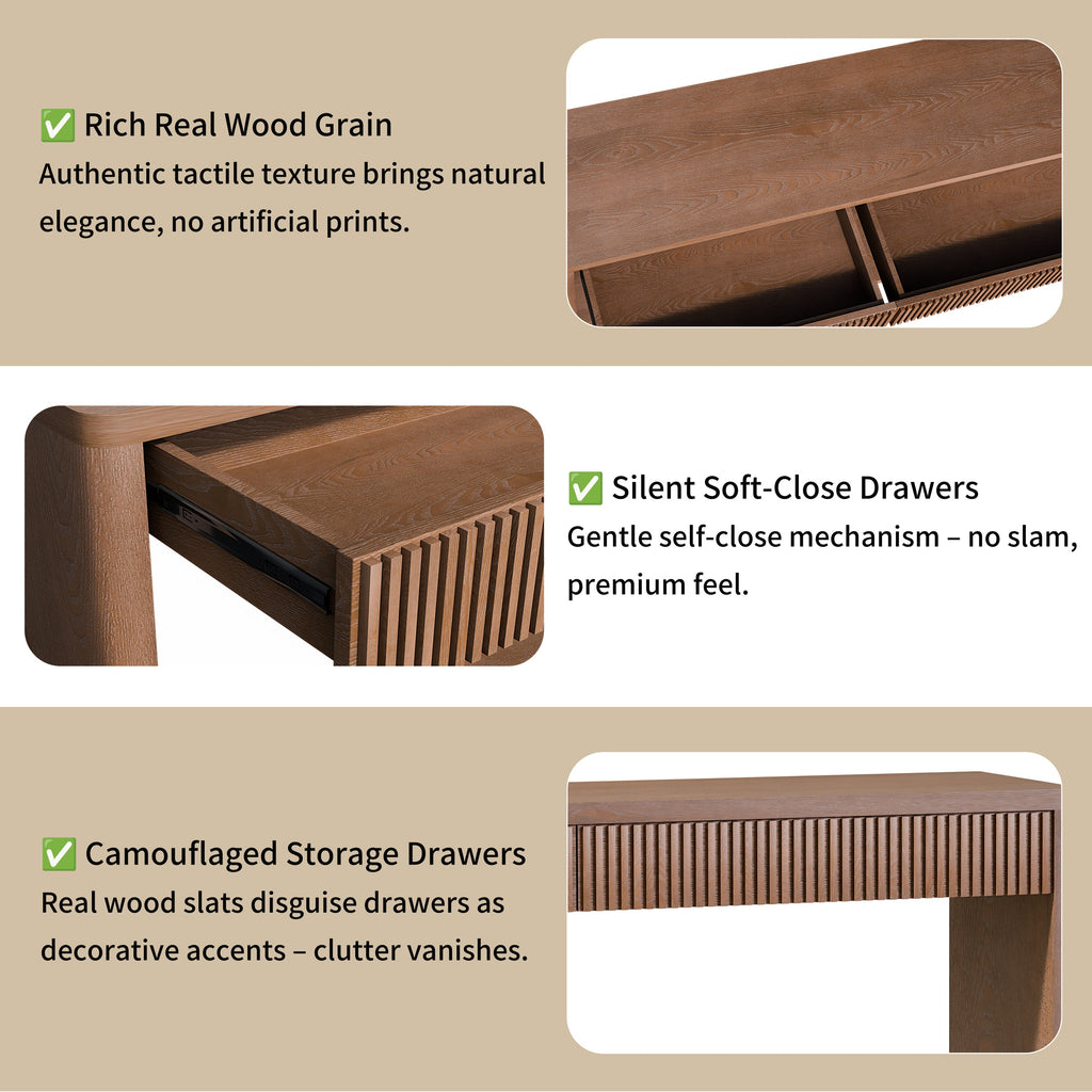 60' Modern 2-Drawer Fluted Console Table Natural Wood Veneer Sofa Table Behind Couch Table for Living Room, Hallway, Entryway, Home Office, Walnut
