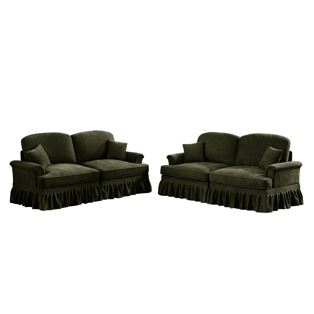 Classic 2 Piece Modular Couch Living Room Sofa Set with Flared Arms and Removable Ruffles Pleats Skirts and Spindle Legs, 2 Seater Sofa + 2-Seat Loveseat Sofa Sets for Living Room,Green