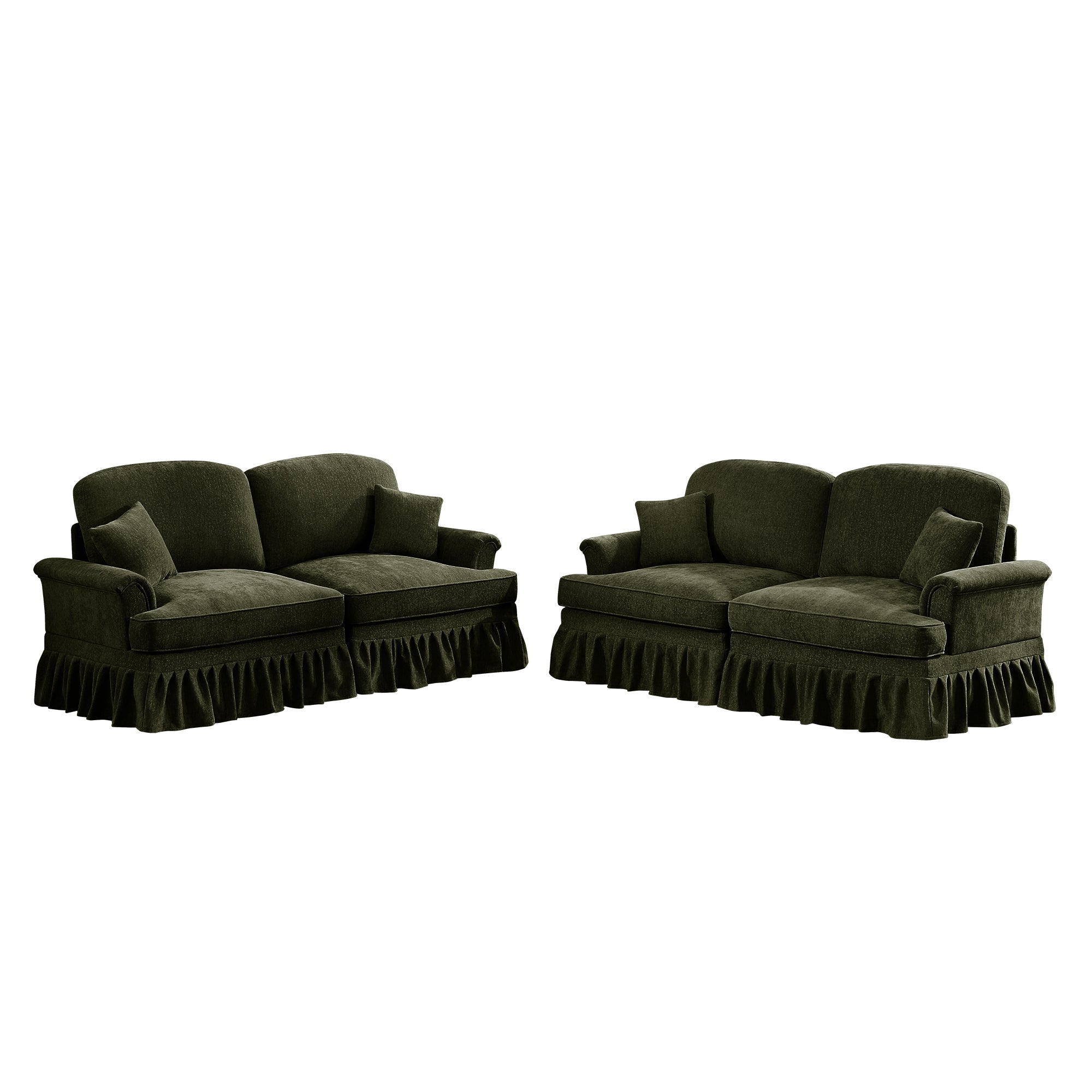Classic 2 Piece Modular Couch Living Room Sofa Set with Flared Arms and Removable Ruffles Pleats Skirts and Spindle Legs, 2 Seater Sofa + 2-Seat Loveseat Sofa Sets for Living Room,Green