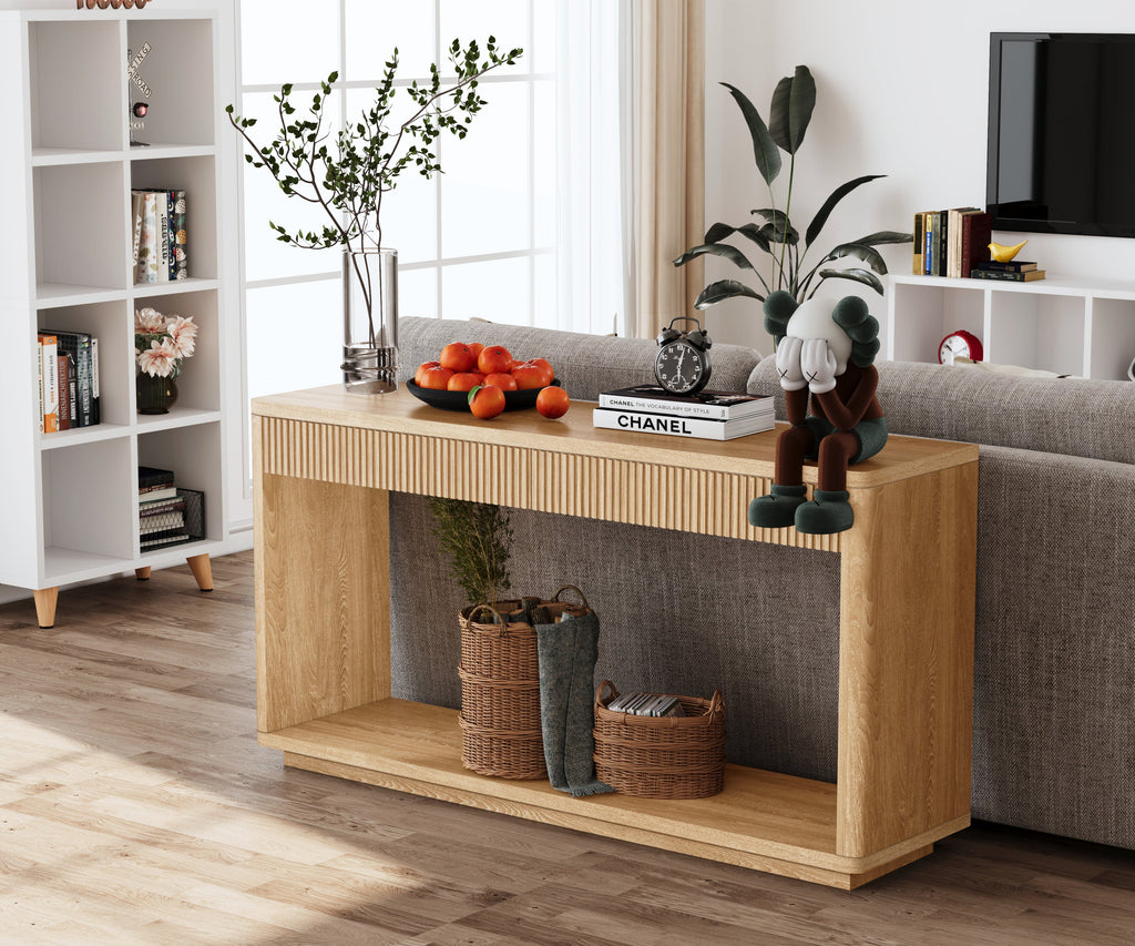 60' Modern 2-Drawer Fluted Console Table Natural Wood Veneer Sofa Table Behind Couch Table for Living Room, Hallway, Entryway, Home Office, Natural Wood
