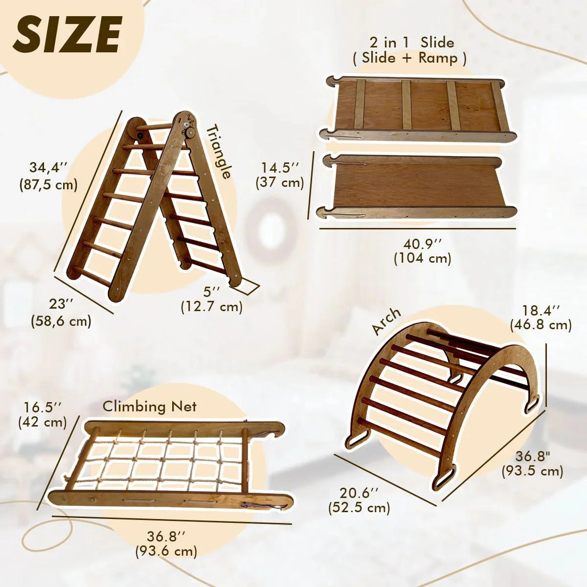 5in1 Montessori Climbing Set: Triangle Ladder, Climbing Arch, Slide, Net & Cushion – Chocolate