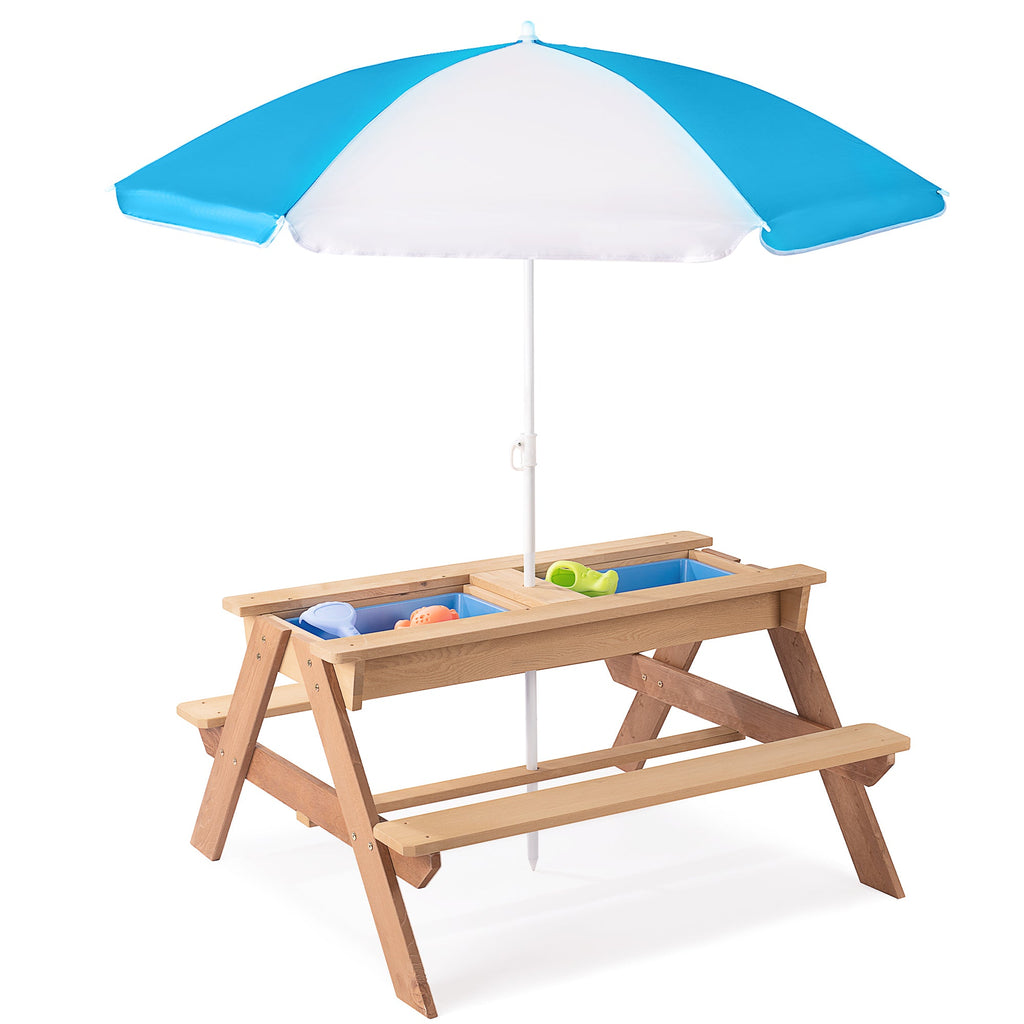 D-road 3-in-1 Kids Outdoor Wooden Picnic Table with Adjustable Umbrella and Convertible Sand & Water Activity, Gray, Solid Cedar Wood