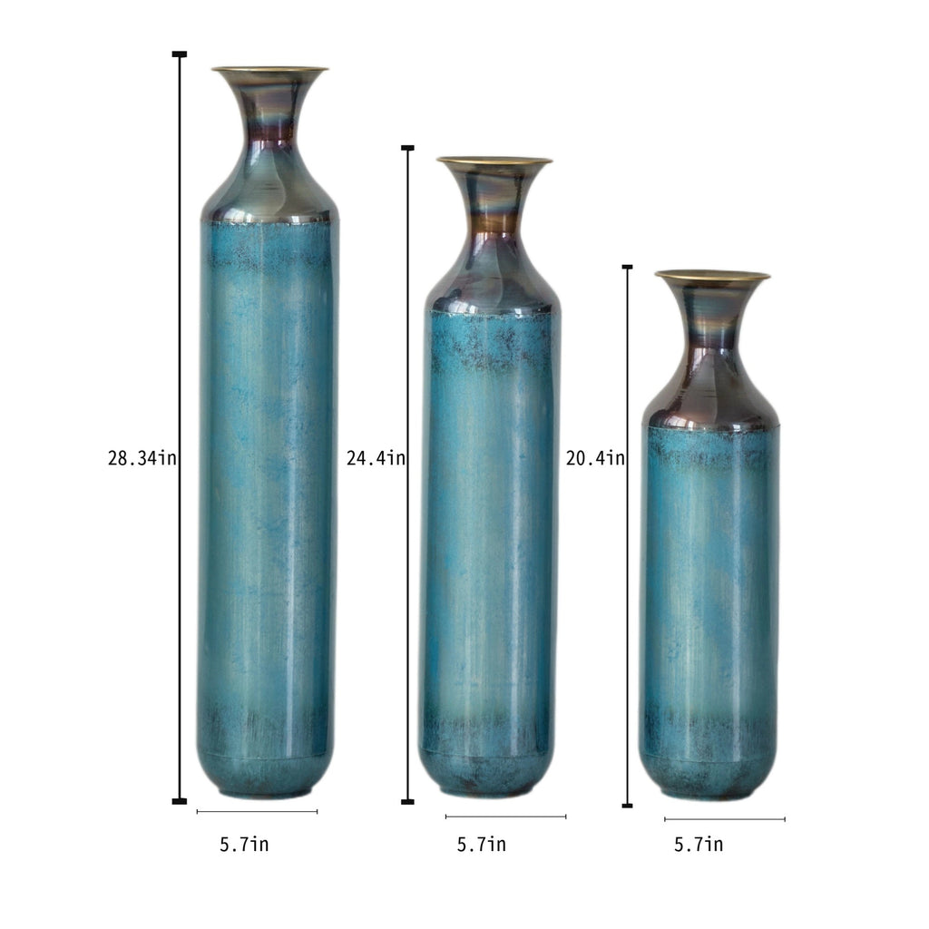 Modern Droplet-Shaped Floor Vase Set – Aqua Blue Glazed Metal Decorative Vases – 3-Piece Home Decor in 20.4 In, 24.4 In & 28.34 In Heights