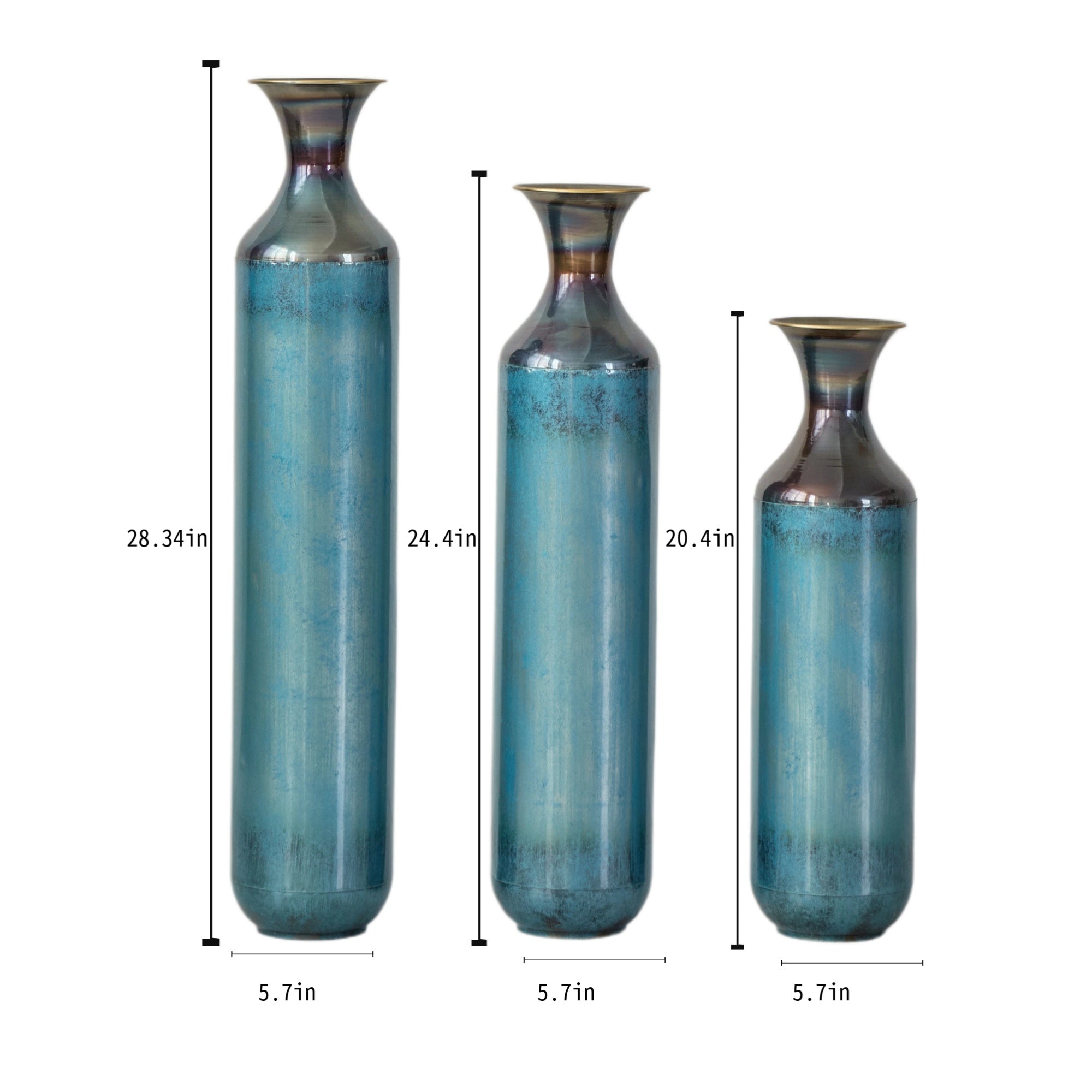 Modern Droplet-Shaped Floor Vase Set – Aqua Blue Glazed Metal Decorative Vases – 3-Piece Home Decor in 20.4 In, 24.4 In & 28.34 In Heights