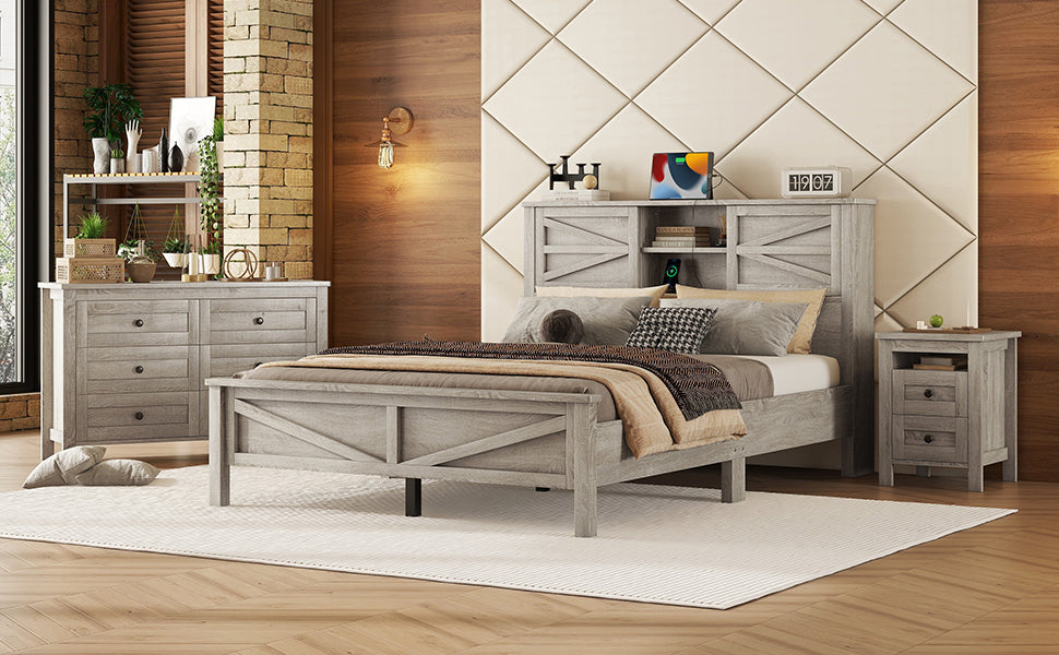 3-Pieces Bedroom Sets Queen Size Farmhouse Platform Bed with Double Sliding Door Storage Headboard and Charging Station, Storage Nightstand and Dresser, Antique Gray(Old SKU HL000092AAG)