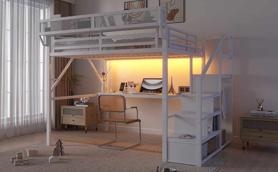 Queen Loft Bed with Desk and Charging Station, Queen Size Metal Loft Bed with Stairs and Light for Kids Teens,White(Old SKU W2580S00033)