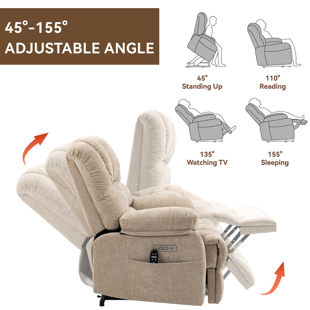 23' Seat Width and High Back Large Size Beige Chenille Power Lift Recliner Chair with 8-Point Vibration Massage and Lumbar Heating